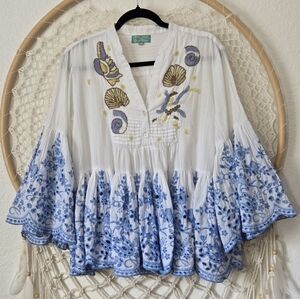Antica Sartoria Embroidered Lace Beaded Floral Boho Coverup Top L/XL